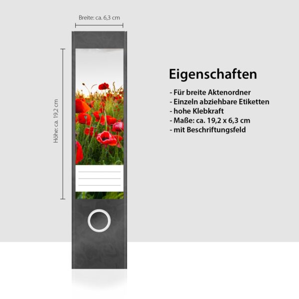 Etiketten für Ordner | Mohnblüte Wiese | 4 breite Aufkleber für Ordnerrücken | Selbstklebende Design Ordneretiketten Rückenschilder