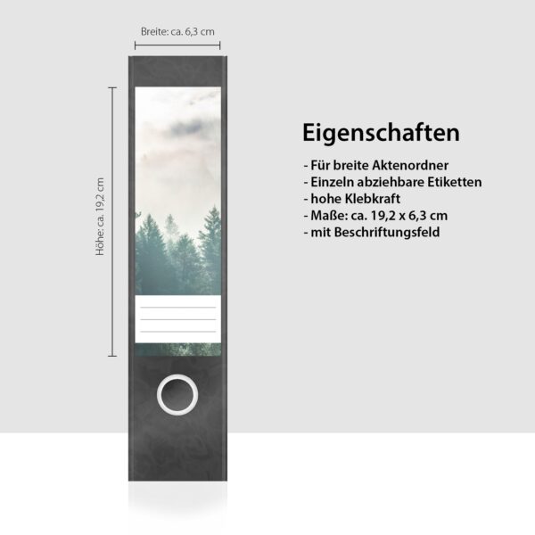 Etiketten für Ordner | Nebelwald | 4 breite Aufkleber für Ordnerrücken | Selbstklebende Design Ordneretiketten Rückenschilder