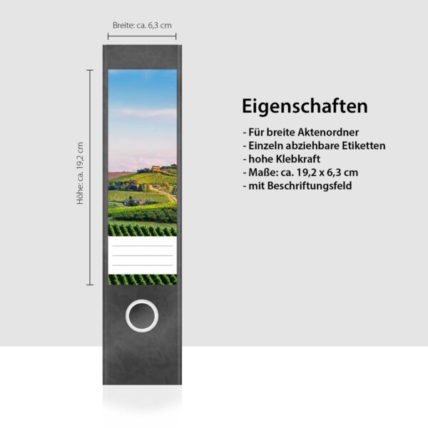 Etiketten für Ordner | Weinberge Sommer | 4 breite Aufkleber für Ordnerrücken | Selbstklebende Design Ordneretiketten Rückenschilder