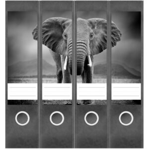 Etiketten für Ordner | Elefant grau | 4 breite Aufkleber für Ordnerrücken | Selbstklebende Design Ordneretiketten Rückenschilder