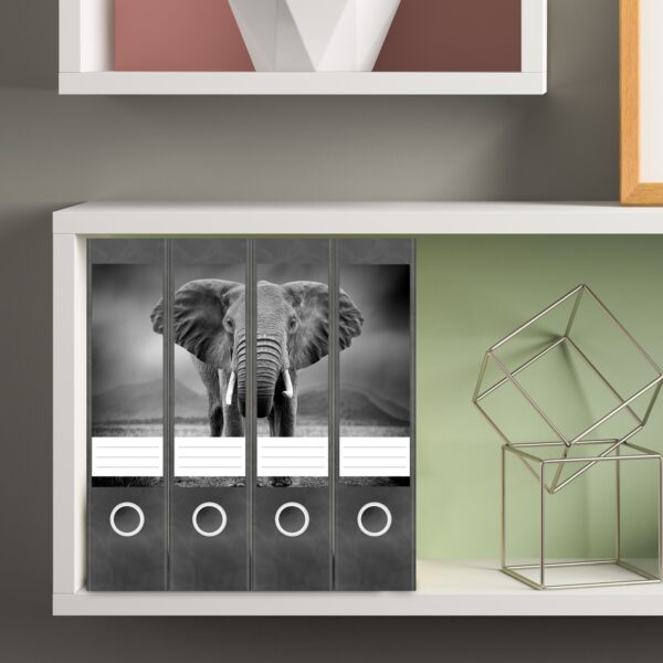 Etiketten für Ordner | Elefant grau | 4 breite Aufkleber für Ordnerrücken | Selbstklebende Design Ordneretiketten Rückenschilder