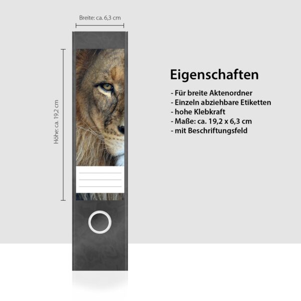 Etiketten für Ordner | Löwe | 4 breite Aufkleber für Ordnerrücken | Selbstklebende Design Ordneretiketten Rückenschilder