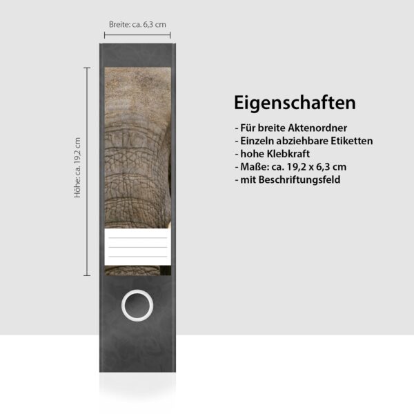 Etiketten für Ordner | Elefantenkopf | 4 breite Aufkleber für Ordnerrücken | Selbstklebende Design Ordneretiketten Rückenschilder