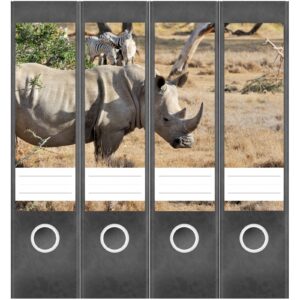 Etiketten für Ordner | Nashorn | 4 breite Aufkleber für Ordnerrücken | Selbstklebende Design Ordneretiketten Rückenschilder