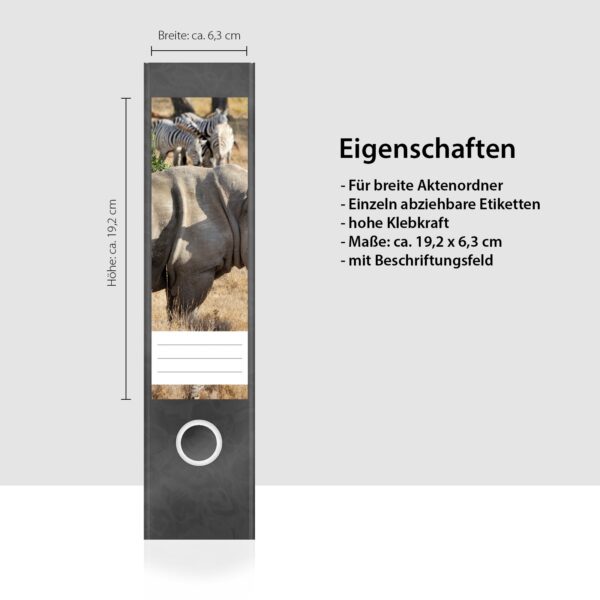 Etiketten für Ordner | Nashorn | 4 breite Aufkleber für Ordnerrücken | Selbstklebende Design Ordneretiketten Rückenschilder