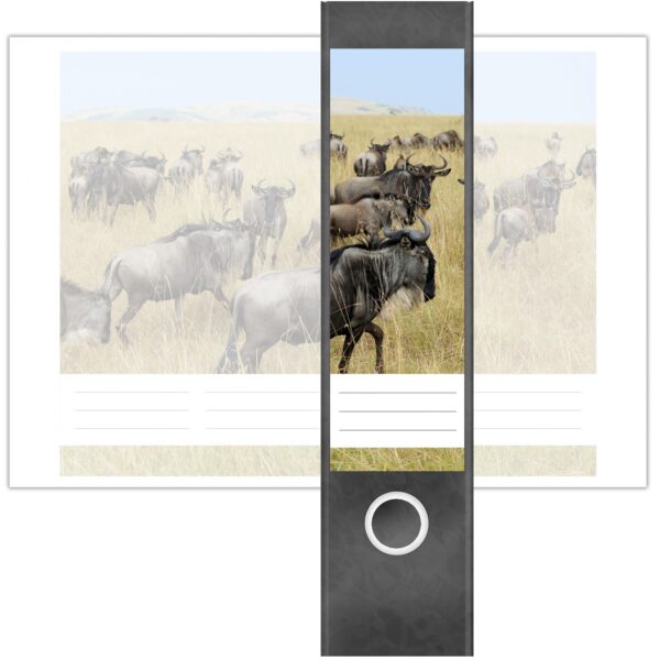 Etiketten für Ordner | Gnu Herde | 4 breite Aufkleber für Ordnerrücken | Selbstklebende Design Ordneretiketten Rückenschilder