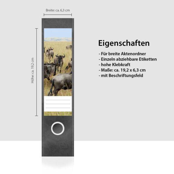 Etiketten für Ordner | Gnu Herde | 4 breite Aufkleber für Ordnerrücken | Selbstklebende Design Ordneretiketten Rückenschilder