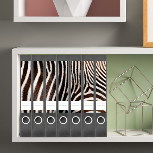 Etiketten für Ordner | Tier Fell Zebra | 7 Aufkleber für schmale Ordnerrücken | Selbstklebende Design Ordneretiketten Rückenschilder