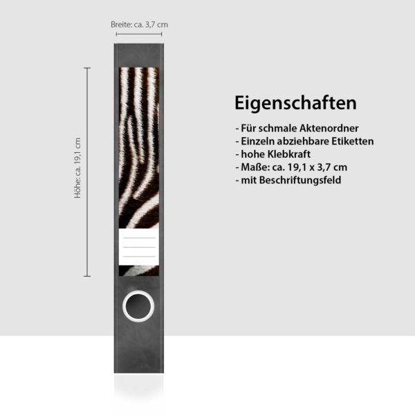 Etiketten für Ordner | Tier Fell Zebra | 7 Aufkleber für schmale Ordnerrücken | Selbstklebende Design Ordneretiketten Rückenschilder