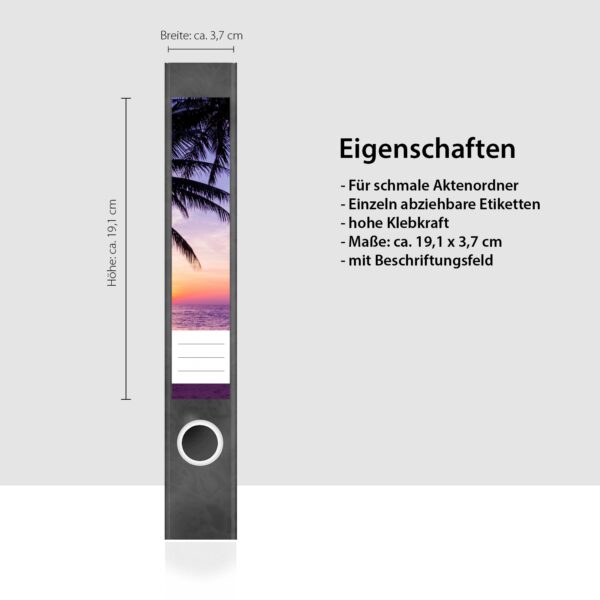 Etiketten für Ordner | Palmen Sonnenuntergang | 7 Aufkleber für schmale Ordnerrücken | Selbstklebende Design Ordneretiketten Rückenschilder