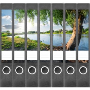 Etiketten für Ordner | Baum am Fluss | 7 Aufkleber für schmale Ordnerrücken | Selbstklebende Design Ordneretiketten Rückenschilder