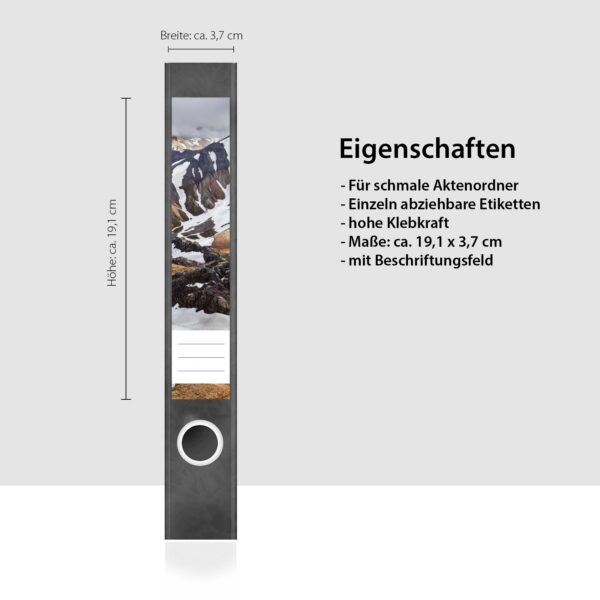 Etiketten für Ordner | Schnee Tau Berge | 7 Aufkleber für schmale Ordnerrücken | Selbstklebende Design Ordneretiketten Rückenschilder