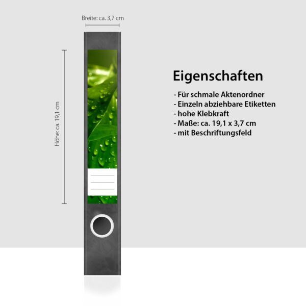 Etiketten für Ordner | Tropfen auf Blättern | 7 Aufkleber für schmale Ordnerrücken | Selbstklebende Design Ordneretiketten Rückenschilder
