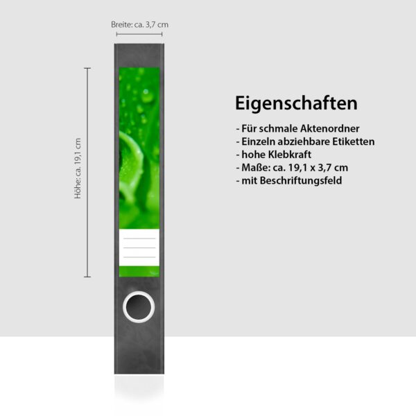 Etiketten für Ordner | Blätter Grün Tropfen | 7 Aufkleber für schmale Ordnerrücken | Selbstklebende Design Ordneretiketten Rückenschilder