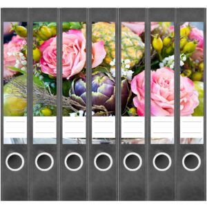 Etiketten für Ordner | Bunter Blumenstrauss | 7 Aufkleber für schmale Ordnerrücken | Selbstklebende Design Ordneretiketten Rückenschilder