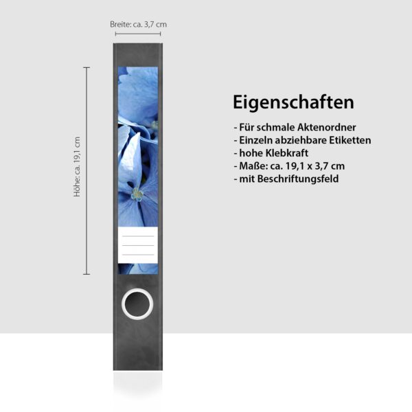 Etiketten für Ordner | Hortensie blau | 7 Aufkleber für schmale Ordnerrücken | Selbstklebende Design Ordneretiketten Rückenschilder