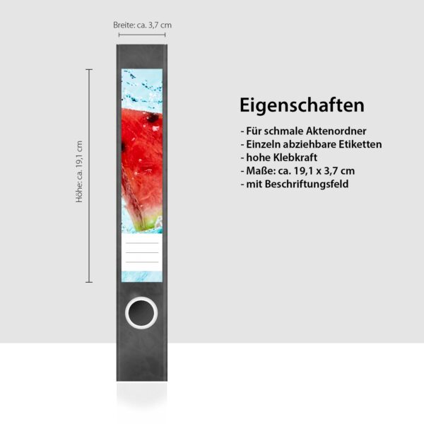 Etiketten für Ordner | Melone im Wasser | 7 Aufkleber für schmale Ordnerrücken | Selbstklebende Design Ordneretiketten Rückenschilder
