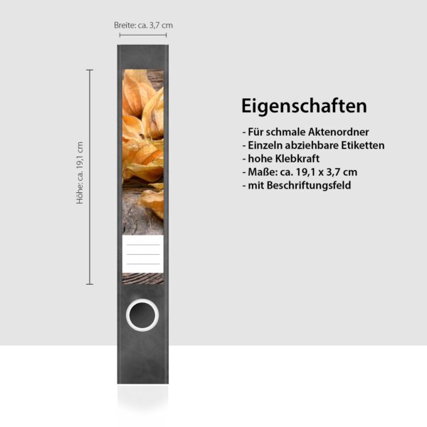 Etiketten für Ordner | Physalis | 7 Aufkleber für schmale Ordnerrücken | Selbstklebende Design Ordneretiketten Rückenschilder