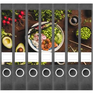 Etiketten für Ordner | Gemüse Bowl Asiatisch | 7 Aufkleber für schmale Ordnerrücken | Selbstklebende Design Ordneretiketten Rückenschilder