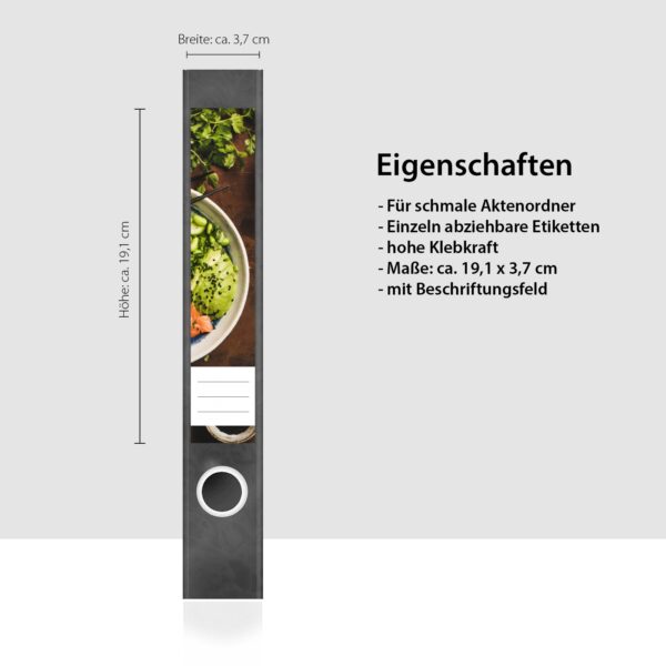 Etiketten für Ordner | Gemüse Bowl Asiatisch | 7 Aufkleber für schmale Ordnerrücken | Selbstklebende Design Ordneretiketten Rückenschilder