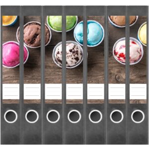 Etiketten für Ordner | Eisbecher | 7 Aufkleber für schmale Ordnerrücken | Selbstklebende Design Ordneretiketten Rückenschilder