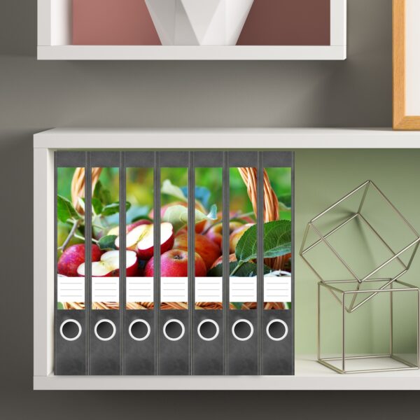 Etiketten für Ordner | Äpfel im Korb | 7 Aufkleber für schmale Ordnerrücken | Selbstklebende Design Ordneretiketten Rückenschilder