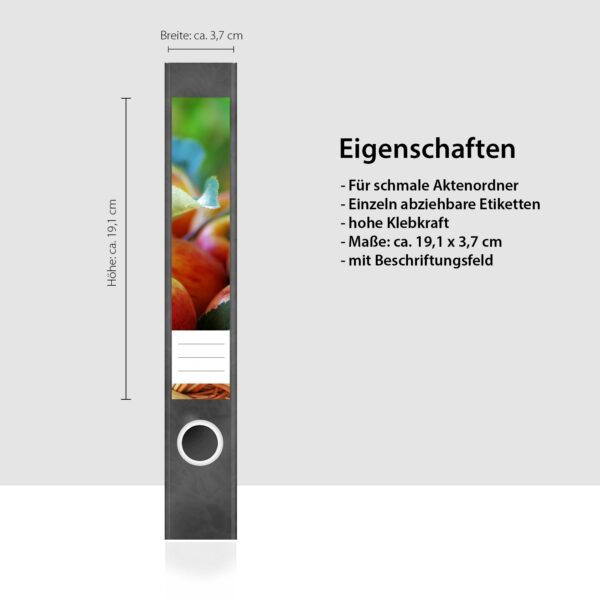 Etiketten für Ordner | Äpfel im Korb | 7 Aufkleber für schmale Ordnerrücken | Selbstklebende Design Ordneretiketten Rückenschilder