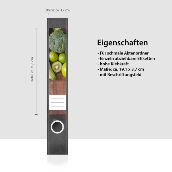 Etiketten für Ordner | Frisches Obst und Gemüse | 7 Aufkleber für schmale Ordnerrücken | Selbstklebende Design Ordneretiketten Rückenschilder