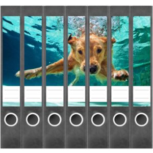 Etiketten für Ordner | Hund unter Wasser | 7 Aufkleber für schmale Ordnerrücken | Selbstklebende Design Ordneretiketten Rückenschilder