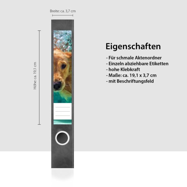 Etiketten für Ordner | Hund unter Wasser | 7 Aufkleber für schmale Ordnerrücken | Selbstklebende Design Ordneretiketten Rückenschilder