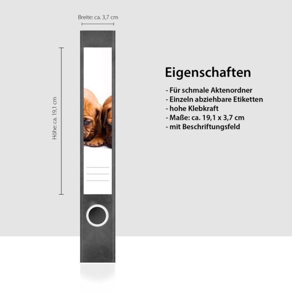 Etiketten für Ordner | Niedliche Hunde Welpen | 7 Aufkleber für schmale Ordnerrücken | Selbstklebende Design Ordneretiketten Rückenschilder