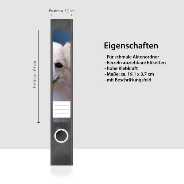Etiketten für Ordner | Lachender Hund | 7 Aufkleber für schmale Ordnerrücken | Selbstklebende Design Ordneretiketten Rückenschilder