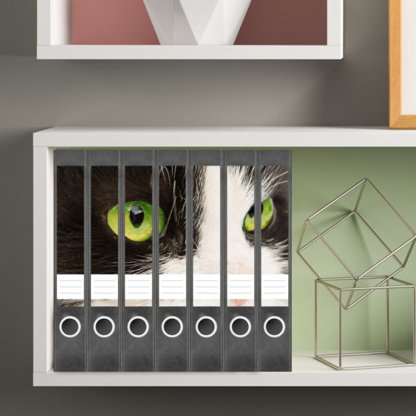 Etiketten für Ordner | Katze schwarz weiß | 7 Aufkleber für schmale Ordnerrücken | Selbstklebende Design Ordneretiketten Rückenschilder
