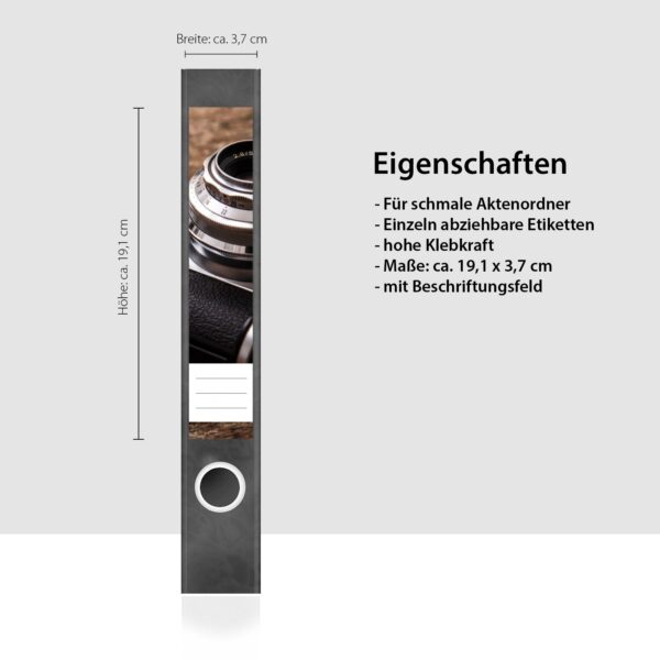 Etiketten für Ordner | alte Kamera Fotoapparat | 7 Aufkleber für schmale Ordnerrücken | Selbstklebende Design Ordneretiketten Rückenschilder