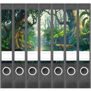 Etiketten für Ordner | Jungle Bäume Wald | 7 Aufkleber für schmale Ordnerrücken | Selbstklebende Design Ordneretiketten Rückenschilder
