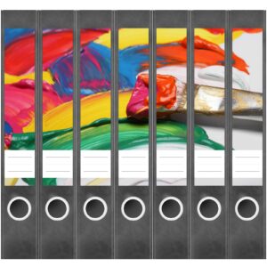 Etiketten für Ordner | Pinsel mit Farben | 7 Aufkleber für schmale Ordnerrücken | Selbstklebende Design Ordneretiketten Rückenschilder
