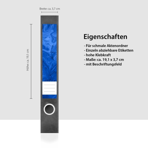Etiketten für Ordner | Kunst Blau Modern | 7 Aufkleber für schmale Ordnerrücken | Selbstklebende Design Ordneretiketten Rückenschilder