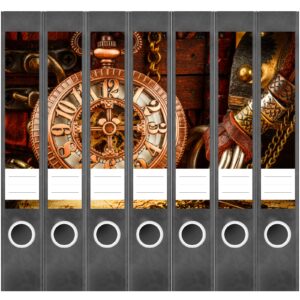 Etiketten für Ordner | Taschenuhr Uhrwerk| 7 Aufkleber für schmale Ordnerrücken | Selbstklebende Design Ordneretiketten Rückenschilder