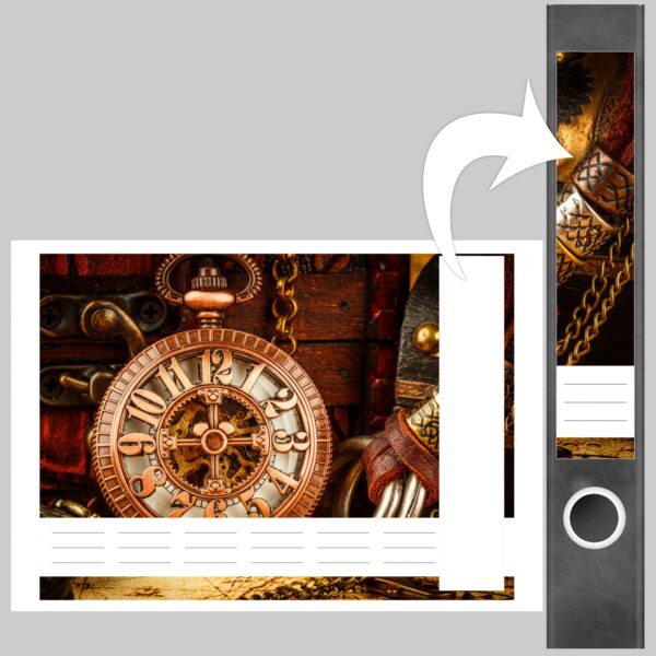 Etiketten für Ordner | Taschenuhr Uhrwerk| 7 Aufkleber für schmale Ordnerrücken | Selbstklebende Design Ordneretiketten Rückenschilder