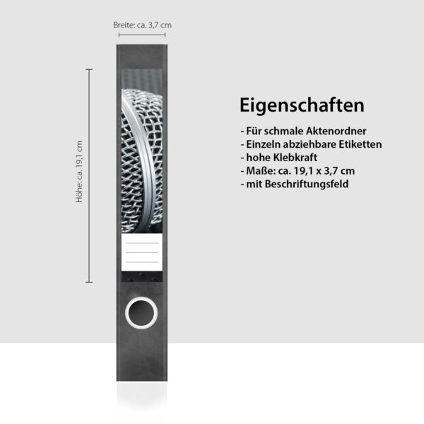 Etiketten für Ordner | Mikrofon Musik Kunst | 7 Aufkleber für schmale Ordnerrücken | Selbstklebende Design Ordneretiketten Rückenschilder