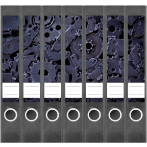 Etiketten für Ordner | Metall Zahnräder | 7 Aufkleber für schmale Ordnerrücken | Selbstklebende Design Ordneretiketten Rückenschilder