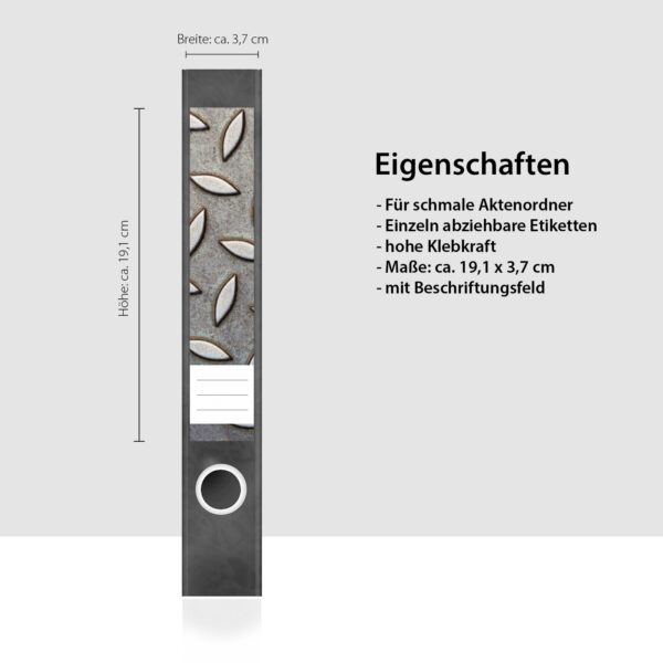 Etiketten für Ordner | Metallplatte 2 | 7 Aufkleber für schmale Ordnerrücken | Selbstklebende Design Ordneretiketten Rückenschilder