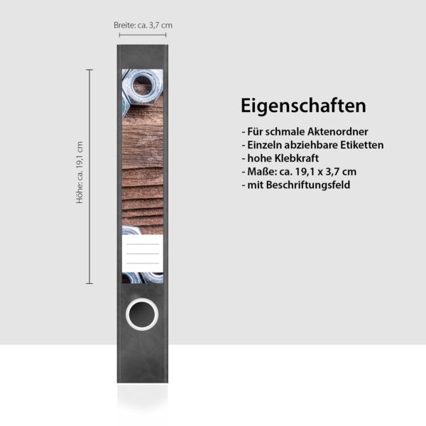 Etiketten für Ordner | Metall Mutter Eisen | 7 Aufkleber für schmale Ordnerrücken | Selbstklebende Design Ordneretiketten Rückenschilder