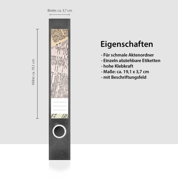 Etiketten für Ordner | Zeitungspapier Zeitung | 7 Aufkleber für schmale Ordnerrücken | Selbstklebende Design Ordneretiketten Rückenschilder