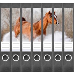 Etiketten für Ordner | Pferd im Schnee | 7 Aufkleber für schmale Ordnerrücken | Selbstklebende Design Ordneretiketten Rückenschilder