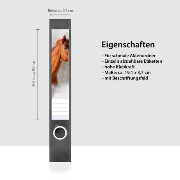 Etiketten für Ordner | Pferd im Schnee | 7 Aufkleber für schmale Ordnerrücken | Selbstklebende Design Ordneretiketten Rückenschilder