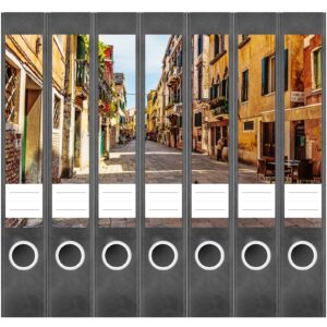Etiketten für Ordner | Mediterrane Straße | 7 Aufkleber für schmale Ordnerrücken | Selbstklebende Design Ordneretiketten Rückenschilder