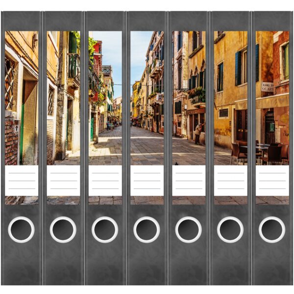 Etiketten für Ordner | Mediterrane Straße | 7 Aufkleber für schmale Ordnerrücken | Selbstklebende Design Ordneretiketten Rückenschilder