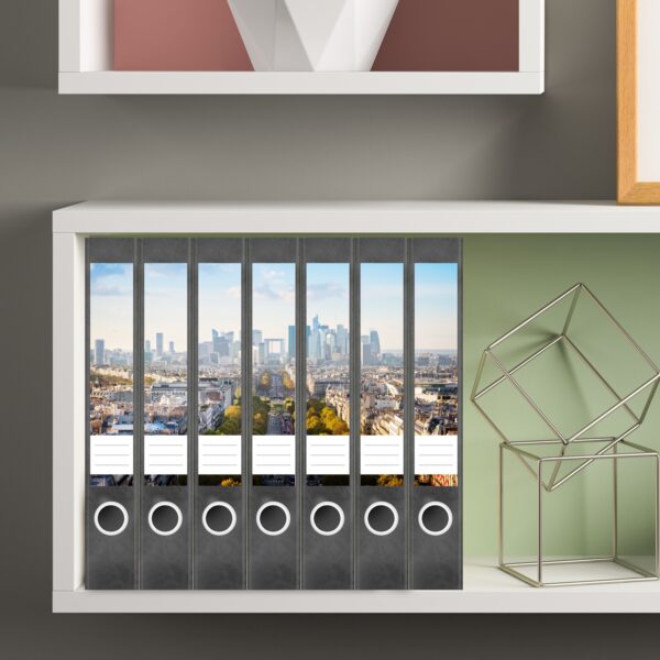 Etiketten für Ordner | Skyline mit Hochhäusern | 7 Aufkleber für schmale Ordnerrücken | Selbstklebende Design Ordneretiketten Rückenschilder