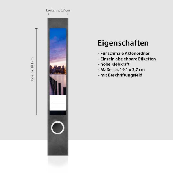 Etiketten für Ordner | Skyline am Abend | 7 Aufkleber für schmale Ordnerrücken | Selbstklebende Design Ordneretiketten Rückenschilder